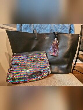 Victoria's Secret Black Tote with Multicolor Sequin Pouch and Tassel